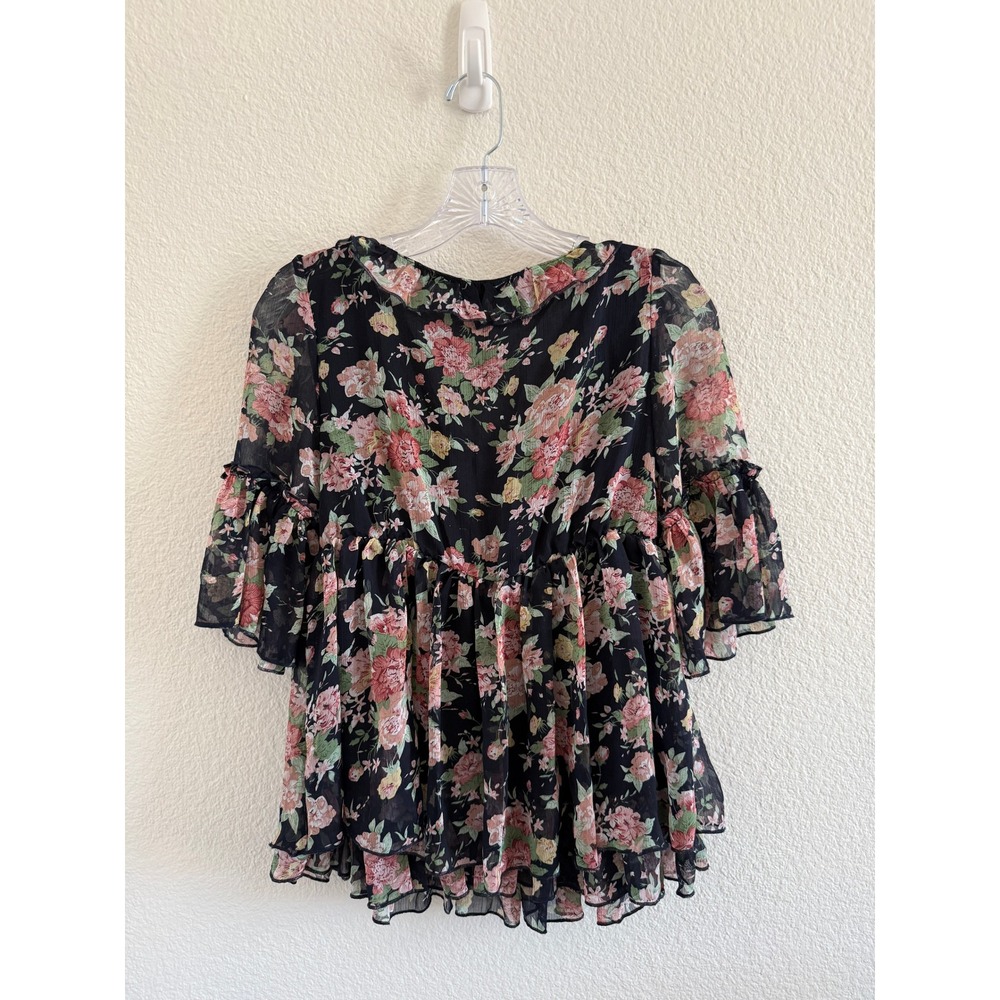 Miss Fox Delight Floral Babydoll Top Ruffle V-Neck Tiered Bell Sleeve Blouse - Picture 2 of 11